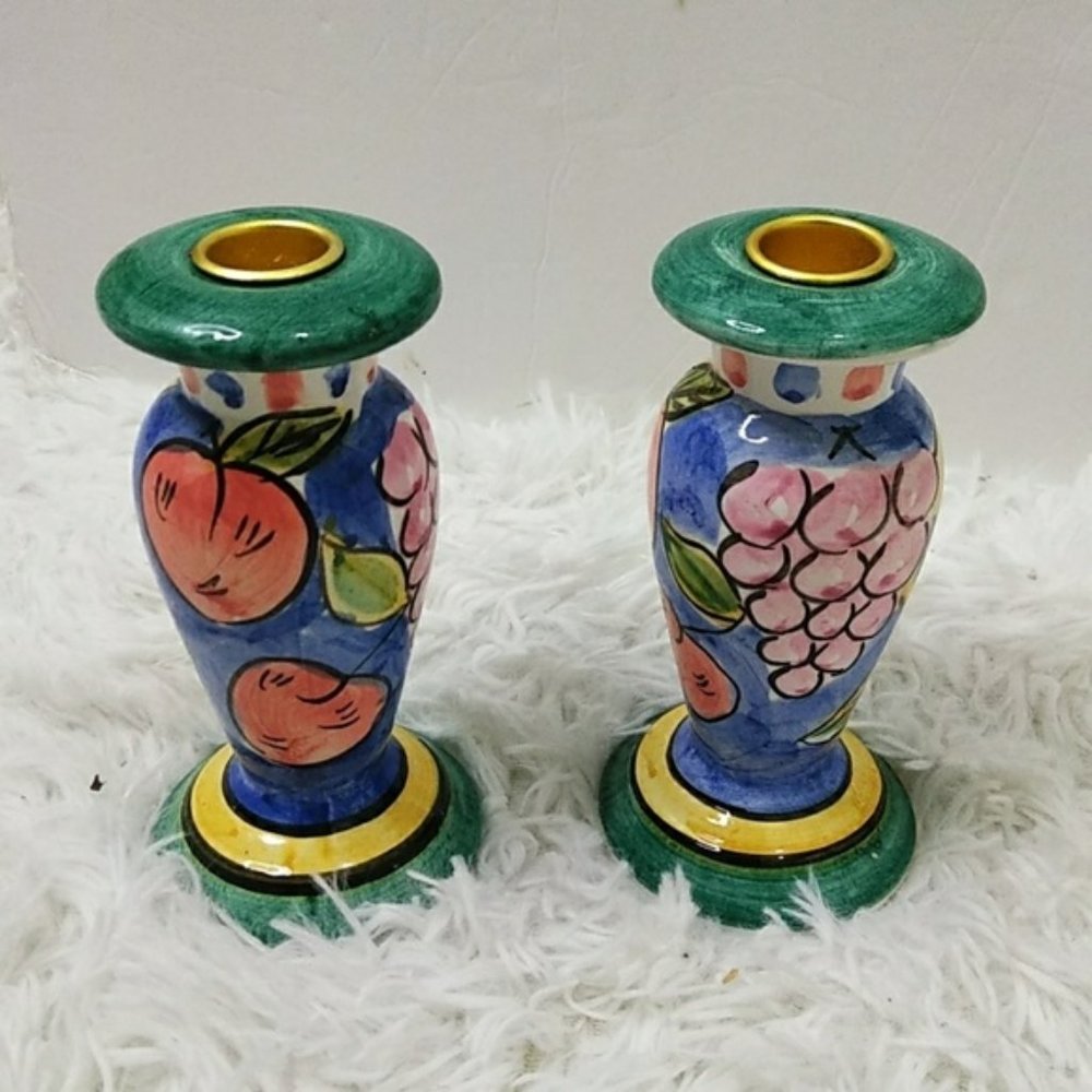 Set of Two Hand Painted Ceramic Candle Holders by Bella Casa